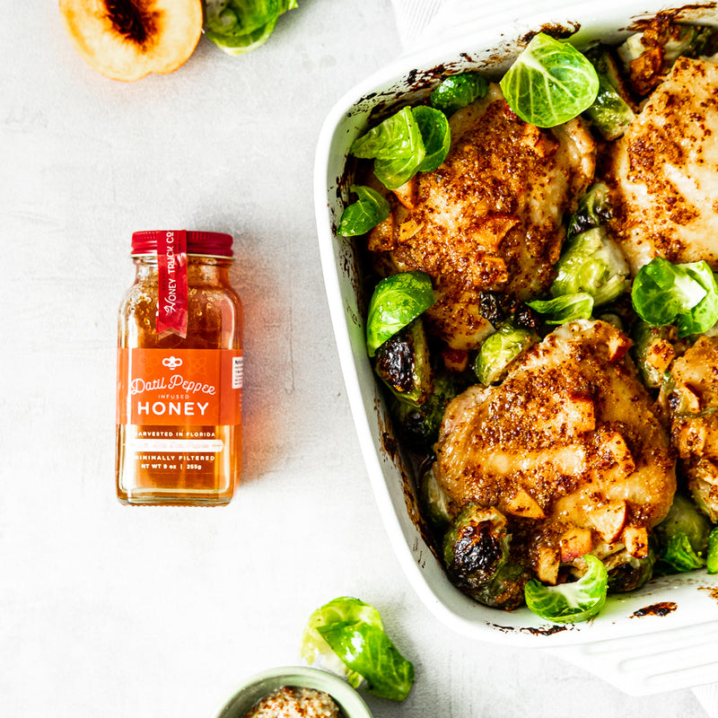 Datil Pepper Honey Mustard & Peach Roasted Chicken Thighs